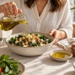 Zeytinyağı eklenen nohutlu yeşillik salatası ve tam tahıllı ekmek