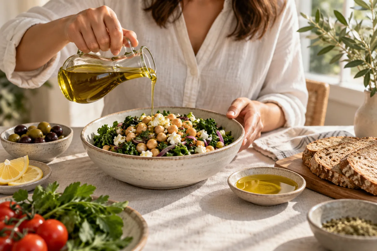 Zeytinyağı eklenen nohutlu yeşillik salatası ve tam tahıllı ekmek