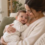 Annesinin kucağında, kıyafetleri üzerinde olan sakin bir bebek