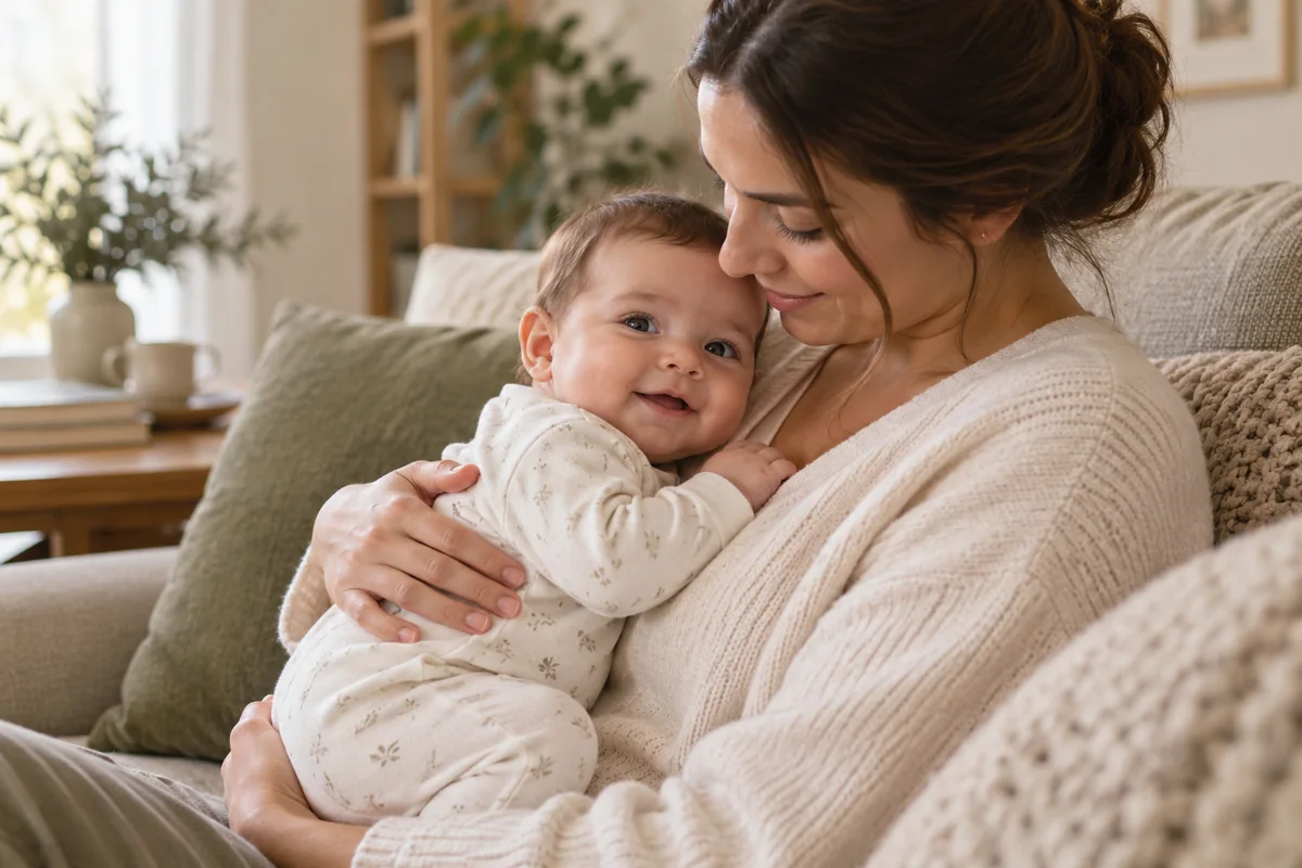 Annesinin kucağında, kıyafetleri üzerinde olan sakin bir bebek
